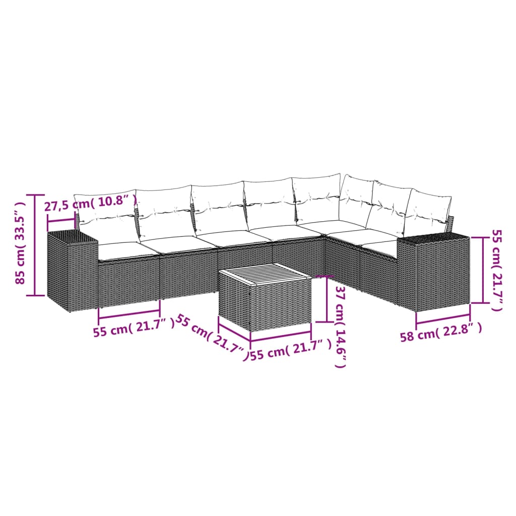 vidaXL 8-Piece Lounge Set with Cushions Poly Rattan Black