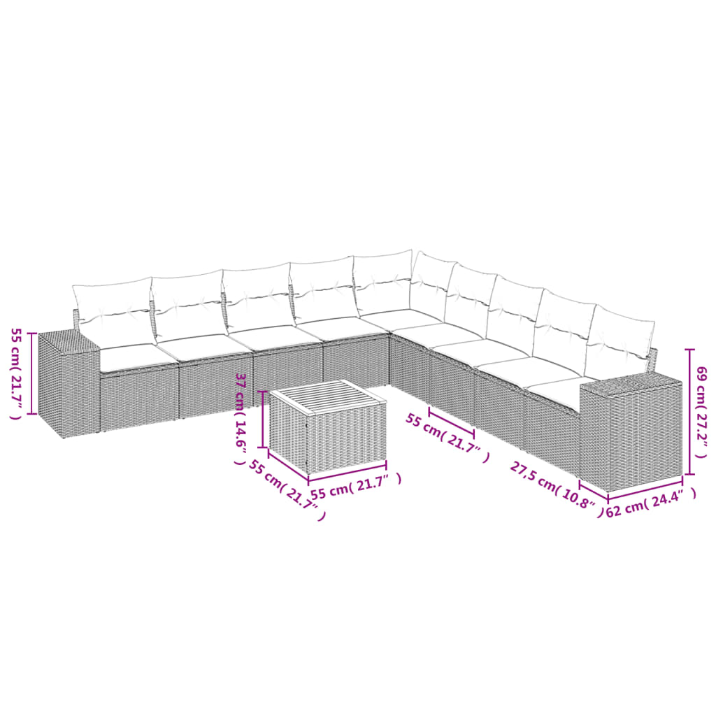 vidaXL 10-delige Loungeset met kussens poly rattan zwart