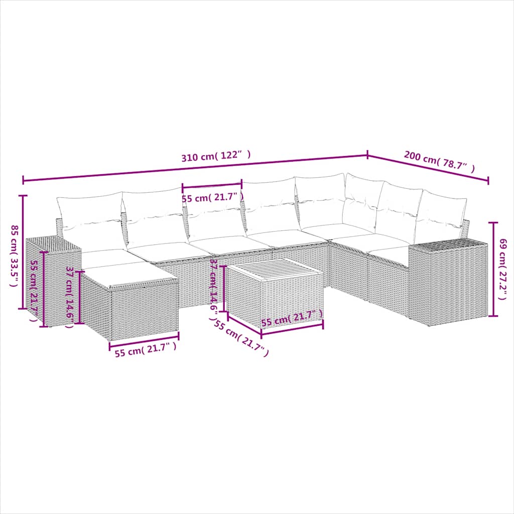 vidaXL 9-piece Lounge Set with Cushions Poly Rattan Black