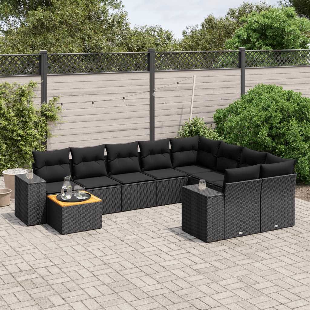 vidaXL 10-Piece Lounge Set with Cushions Poly Rattan Black