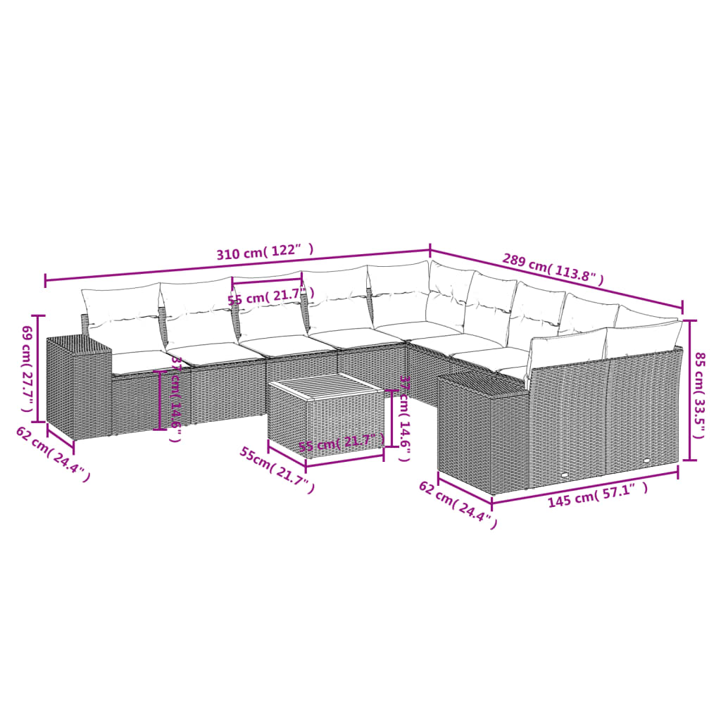 vidaXL 11-delige Loungeset met kussens poly rattan zwart