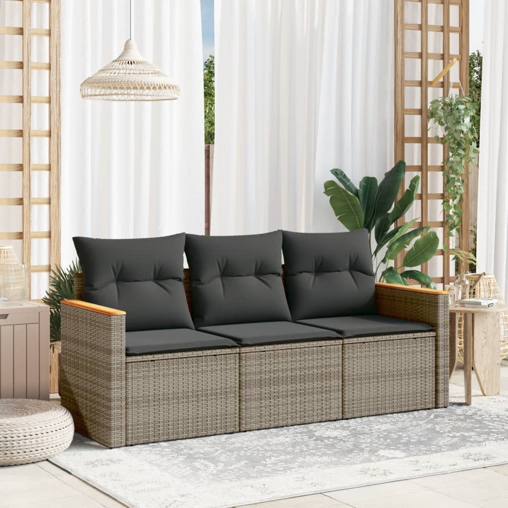 vidaXL 3-delige Loungeset met kussens poly rattan zwart