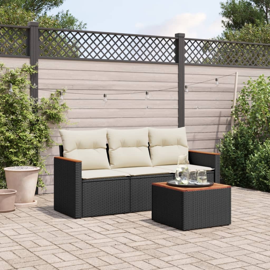 vidaXL 3-delige Loungeset met kussens poly rattan zwart