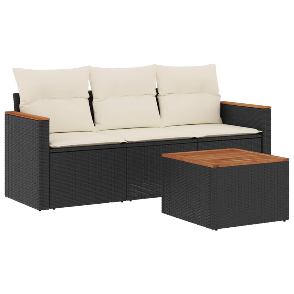 vidaXL 3-delige Loungeset met kussens poly rattan zwart