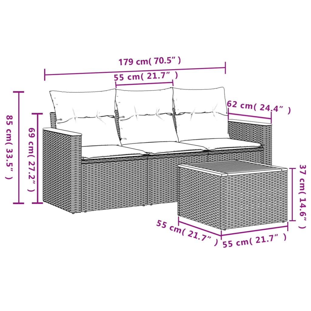vidaXL 3-delige Loungeset met kussens poly rattan zwart