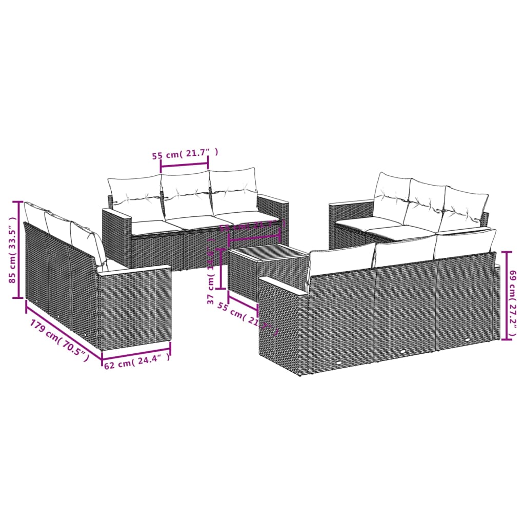 vidaXL 12-delige Loungeset met kussens poly rattan zwart