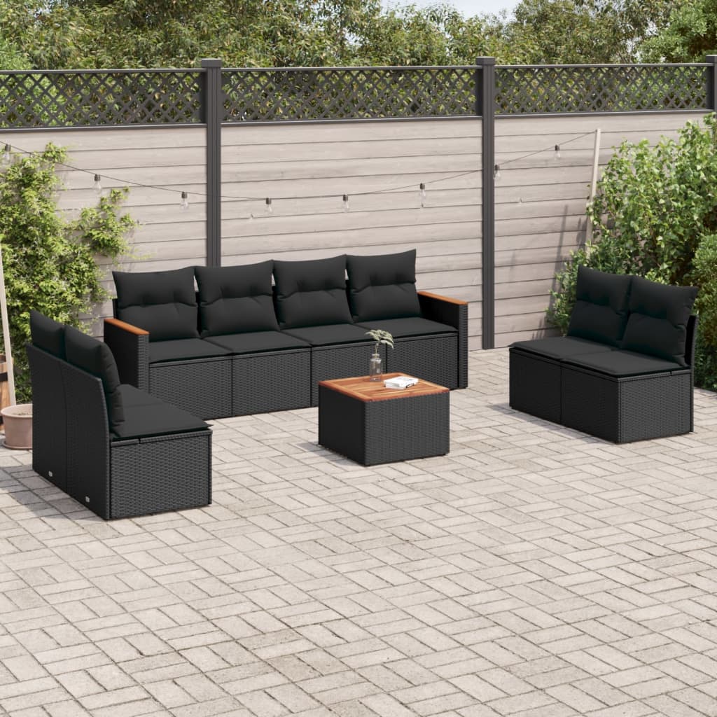 vidaXL 8-delige Loungeset met kussens poly rattan zwart