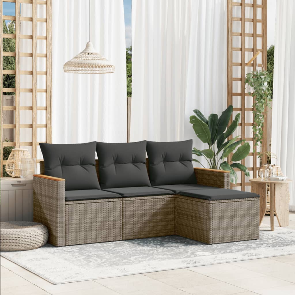 vidaXL 4-delige Loungeset met kussens poly rattan zwart