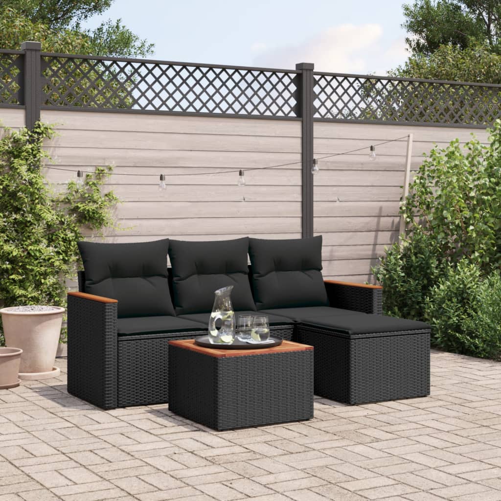 vidaXL 4-delige Loungeset met kussens poly rattan zwart