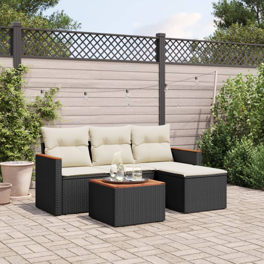 vidaXL 4-delige Loungeset met kussens poly rattan zwart