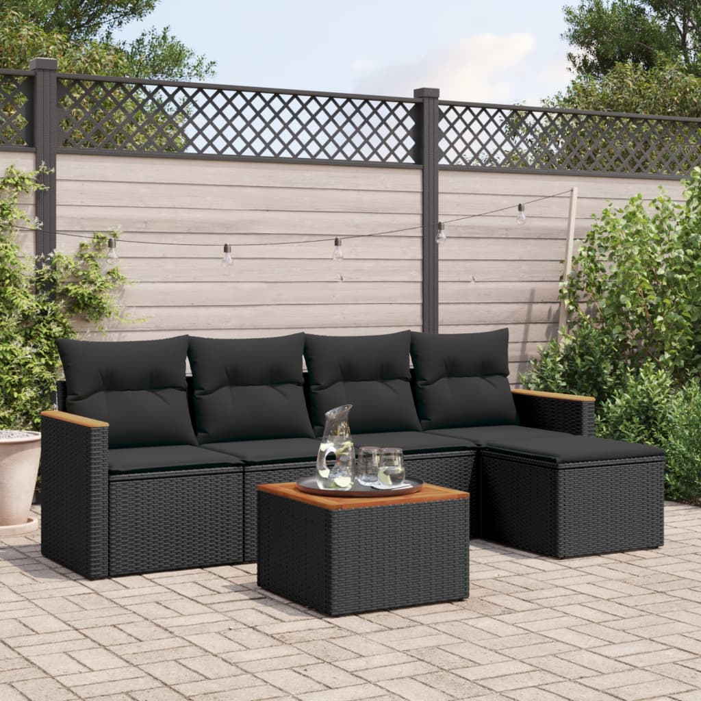 vidaXL 5-piece Lounge Set with Cushions Poly Rattan Black