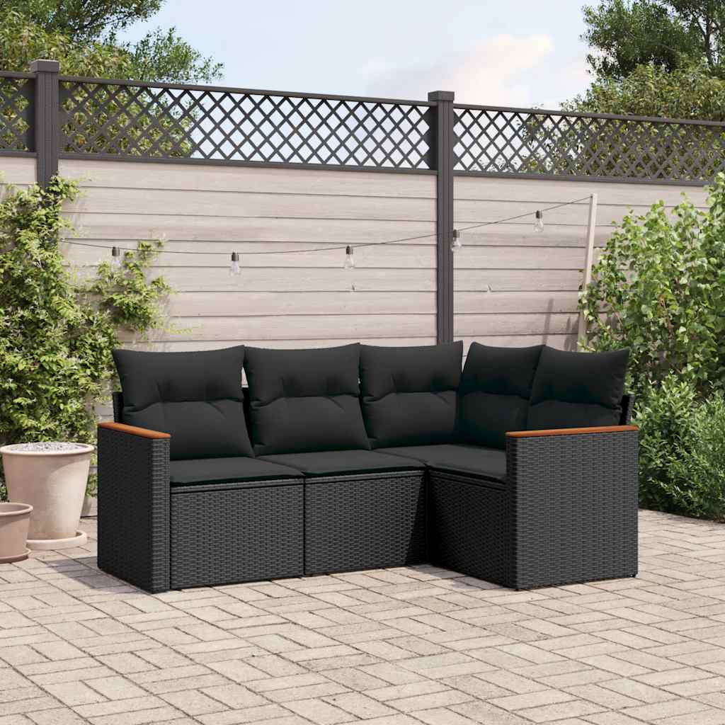vidaXL 4-delige Loungeset met kussens poly rattan zwart