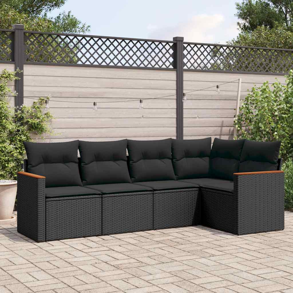 vidaXL 5-delige Loungeset met kussens poly rattan zwart