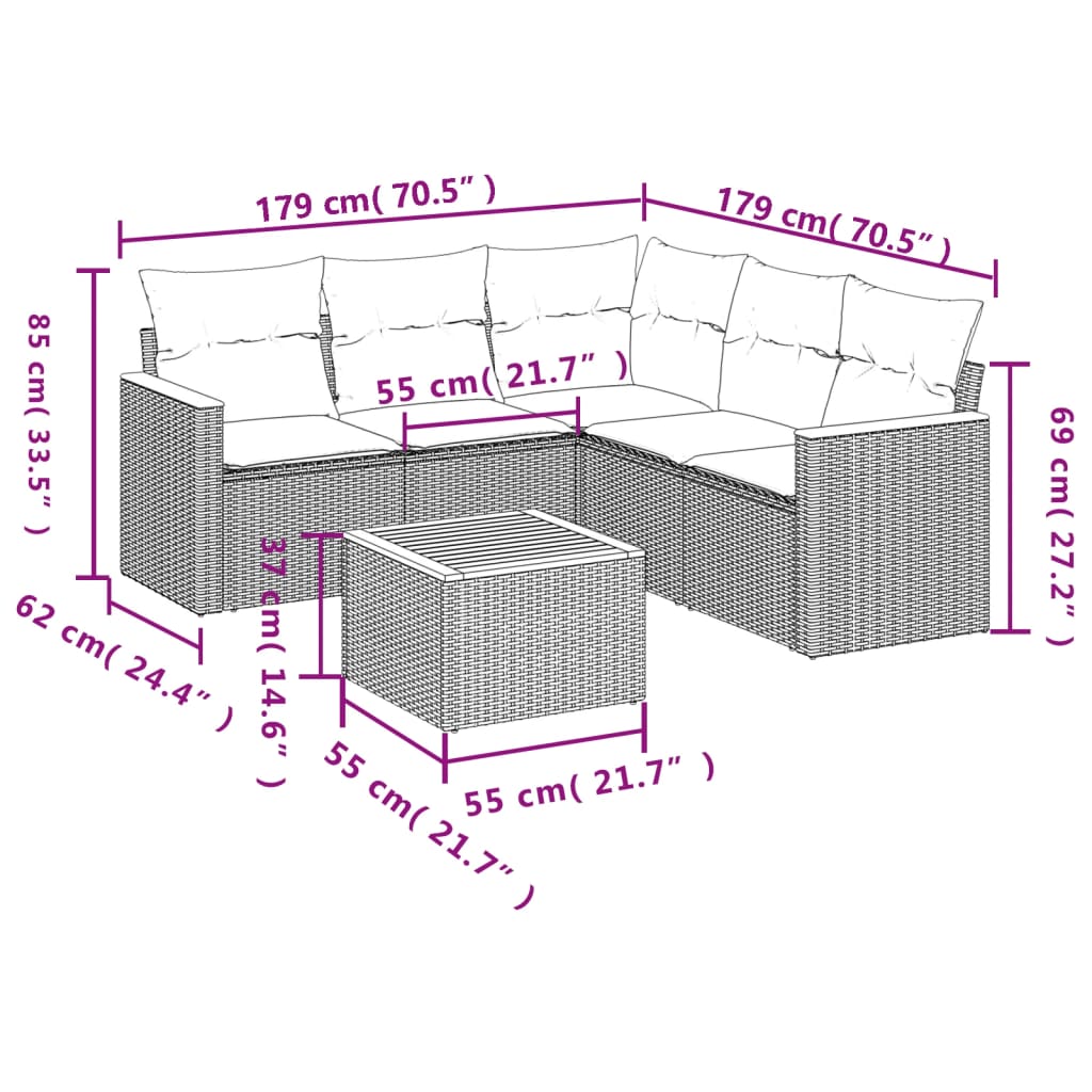 vidaXL 5-delige Loungeset met kussens poly rattan zwart