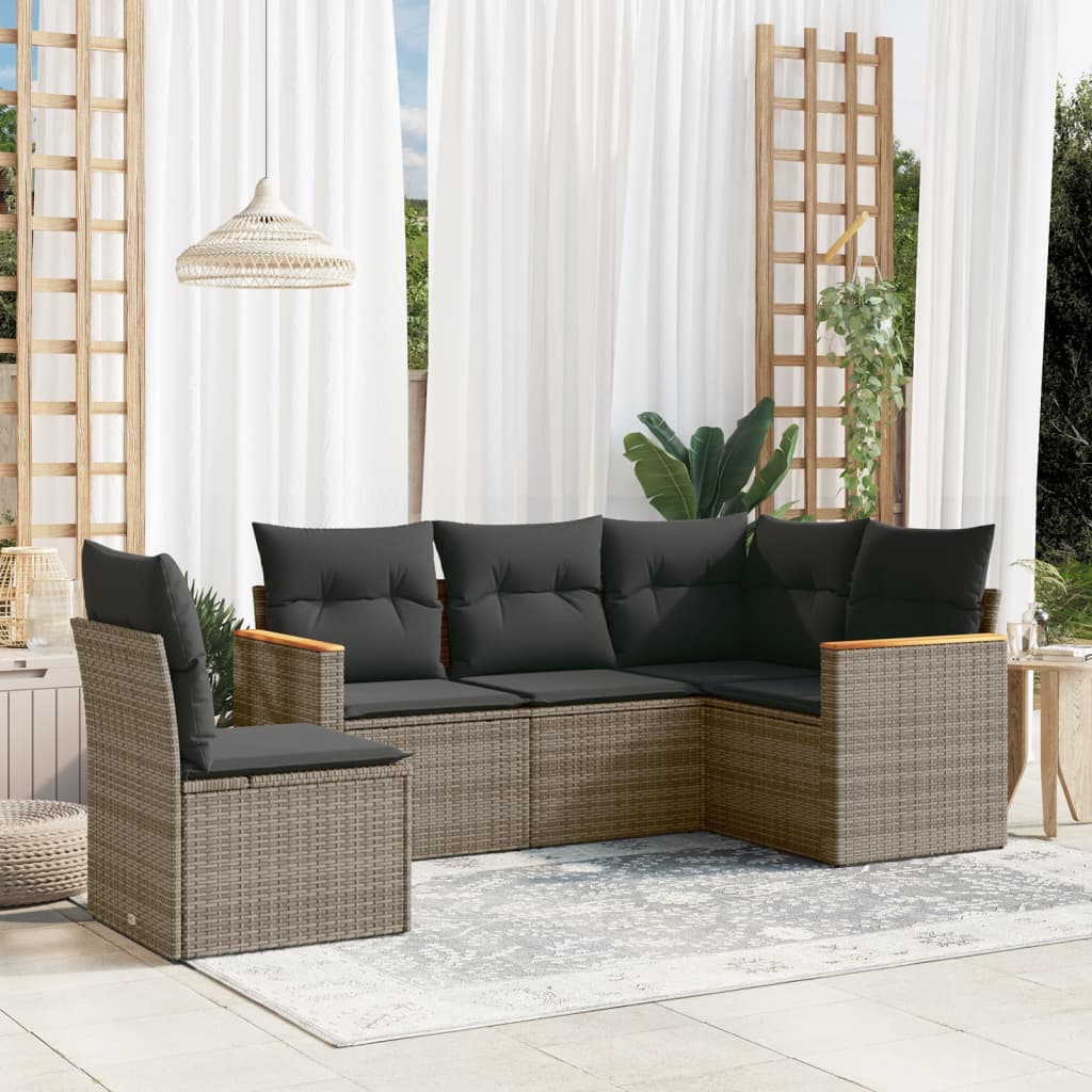 vidaXL 5-delige Loungeset met kussens poly rattan zwart
