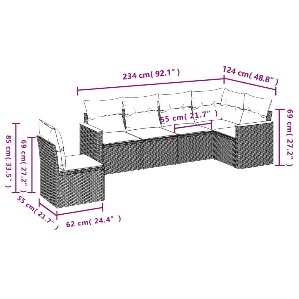 vidaXL 6-delige Loungeset met kussens poly rattan zwart