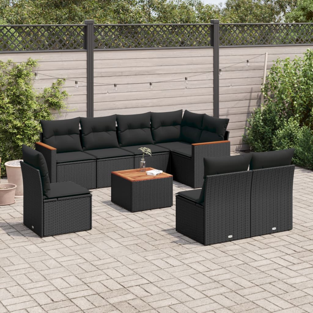 vidaXL 8-delige Loungeset met kussens poly rattan zwart