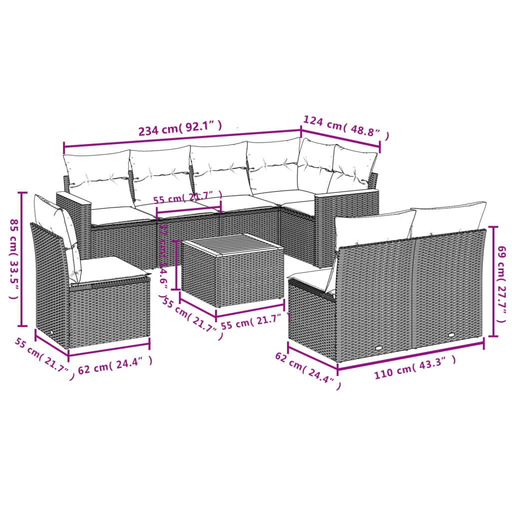 vidaXL 8-delige Loungeset met kussens poly rattan zwart