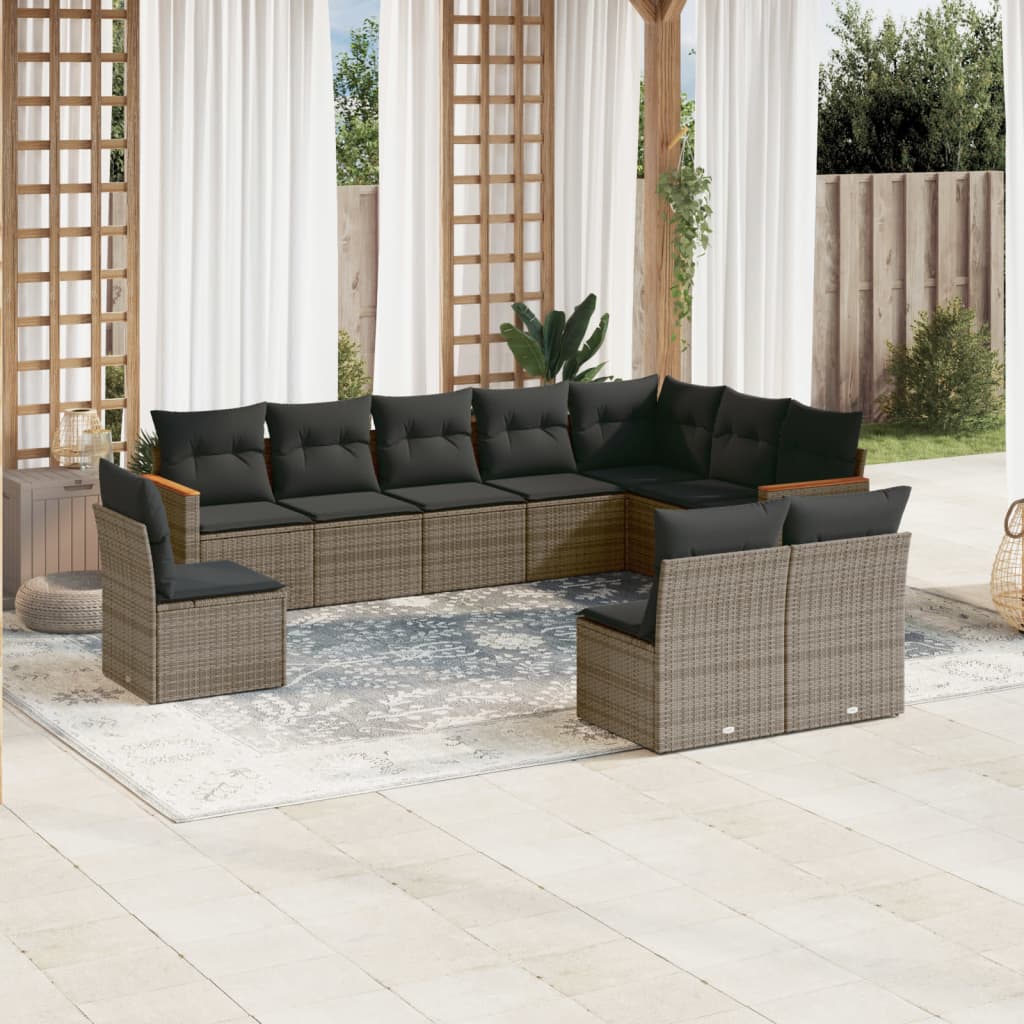 vidaXL 10-delige Loungeset met kussens poly rattan zwart