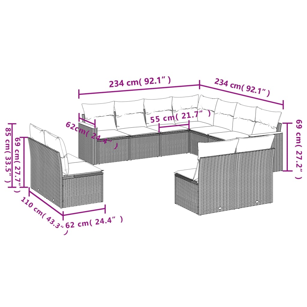 vidaXL 11-delige Loungeset met kussens poly rattan zwart