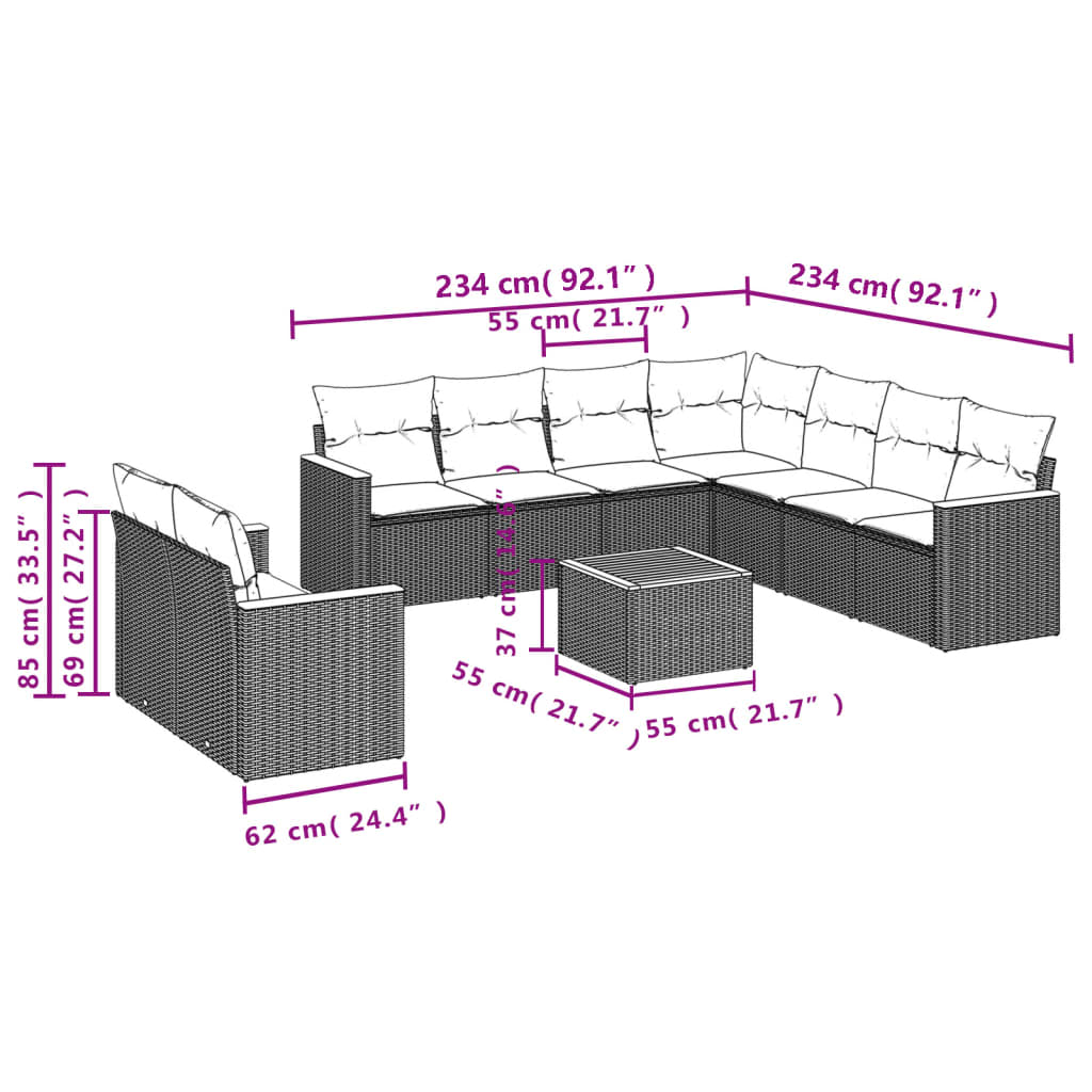 vidaXL 9-piece Lounge Set with Cushions Poly Rattan Black