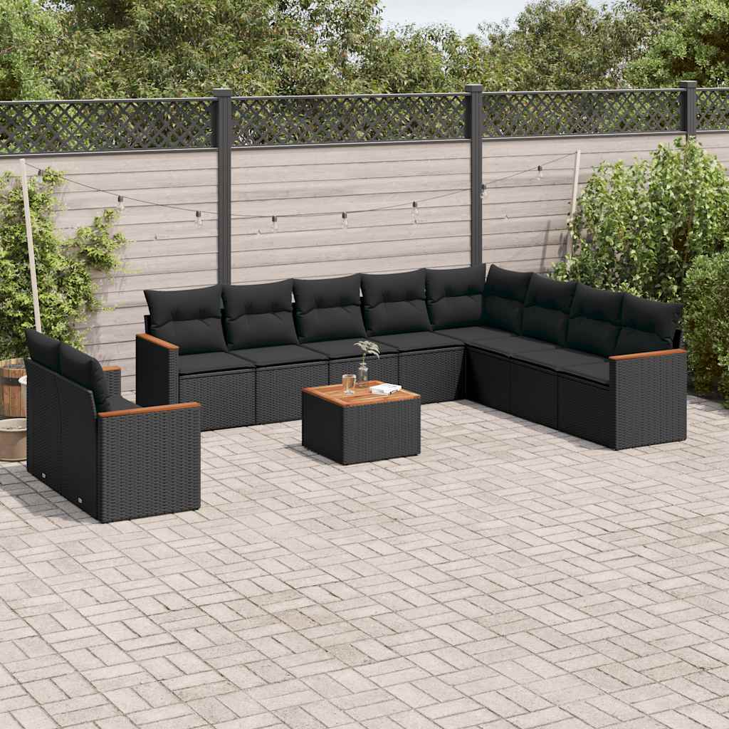 vidaXL 10-delige Loungeset met kussens poly rattan zwart