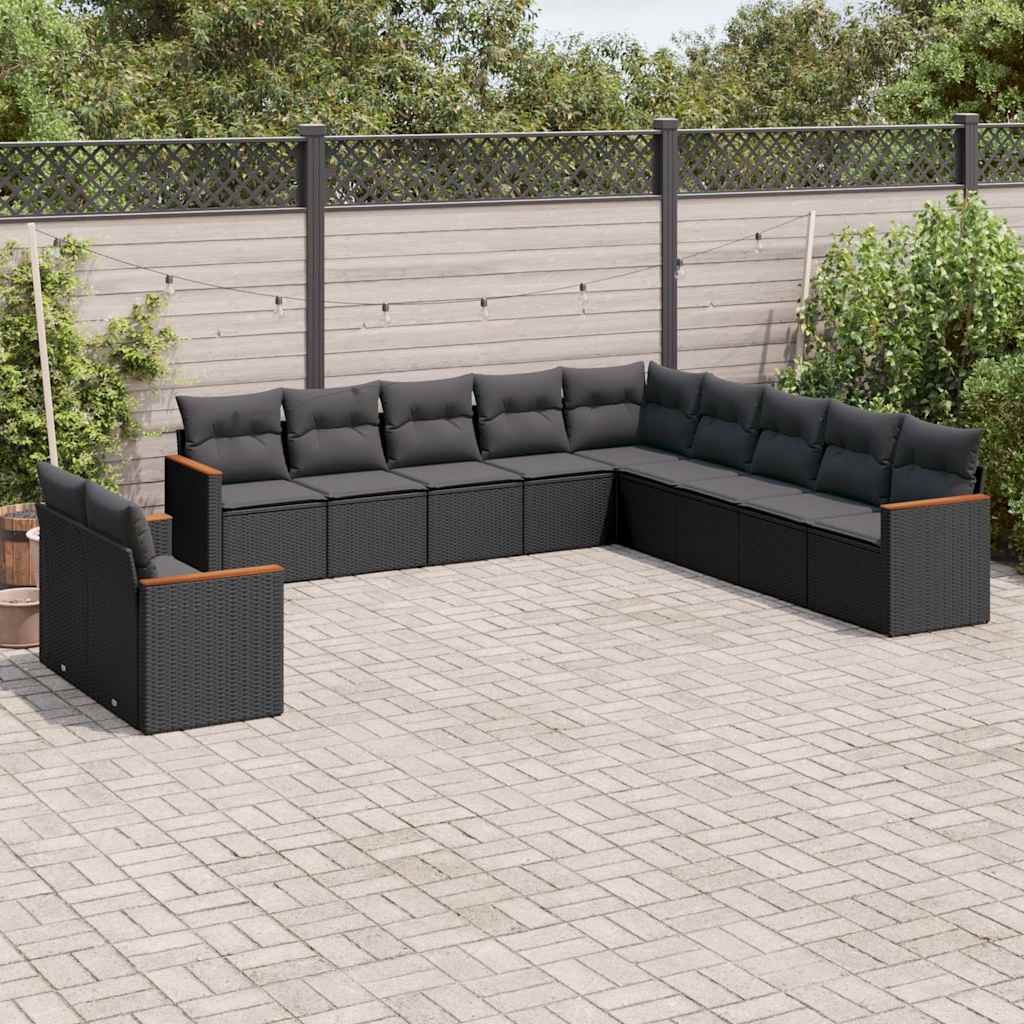 vidaXL 11-Piece Lounge Set with Cushions Poly Rattan Black