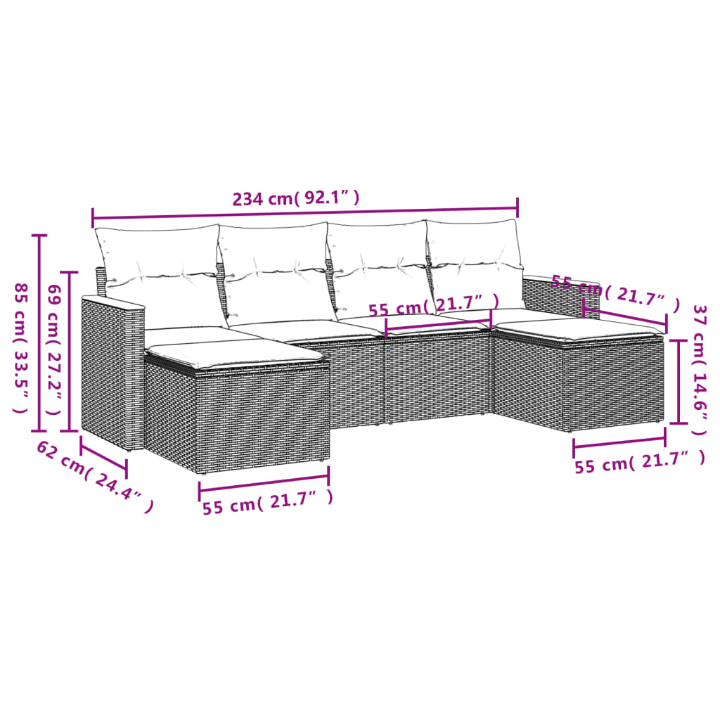 vidaXL 6-delige Loungeset met kussens poly rattan zwart