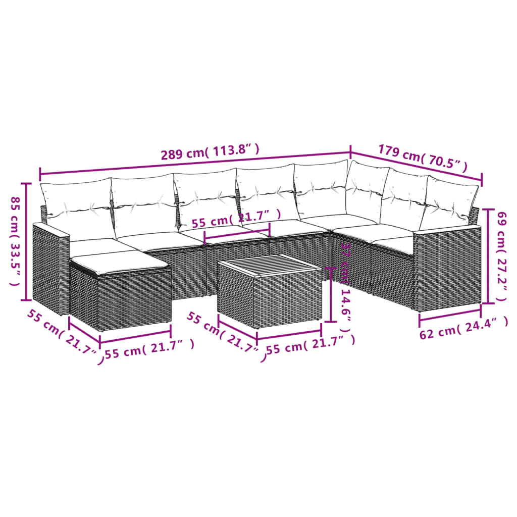 vidaXL 8-Piece Lounge Set with Cushions Poly Rattan Black
