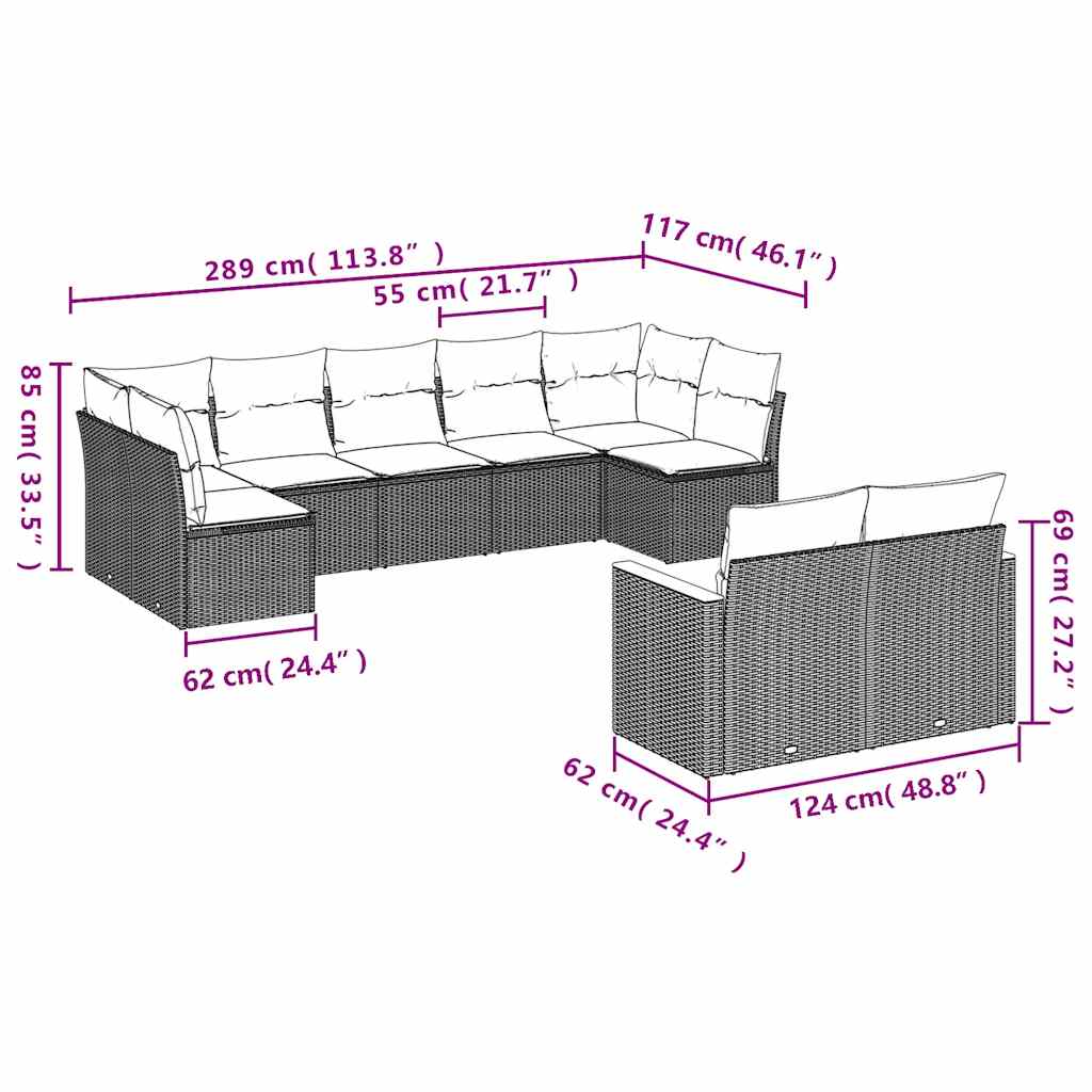 vidaXL 9-piece Poly Rattan Lounge Set with Cushions Black