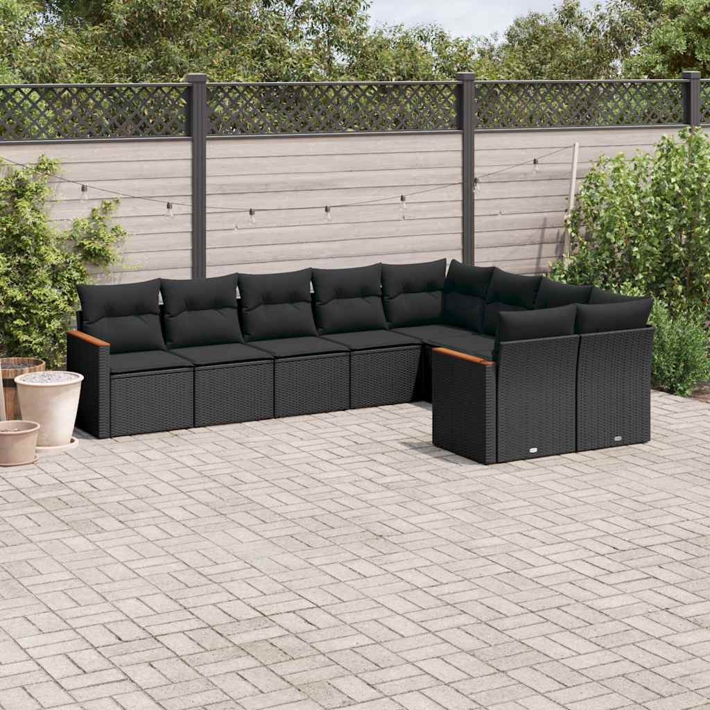 vidaXL 9-delige Loungeset met kussens poly rattan zwart
