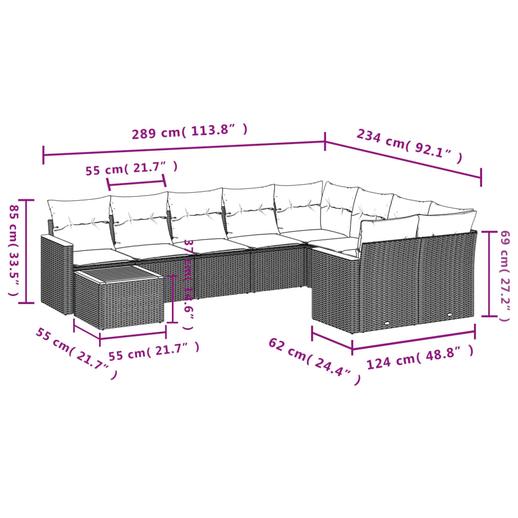 vidaXL 10-delige Loungeset met kussens poly rattan zwart