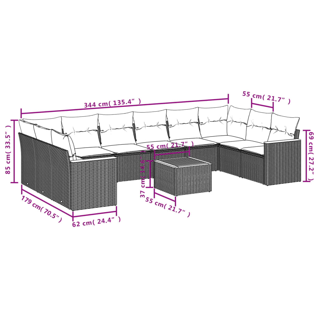 vidaXL 10-Piece Lounge Set with Cushions Poly Rattan Black