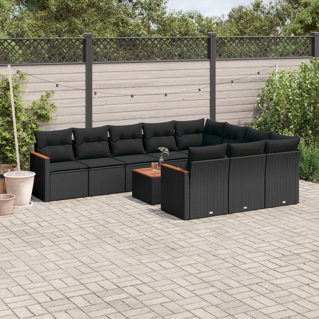 vidaXL 10-Piece Lounge Set with Cushions Poly Rattan Black
