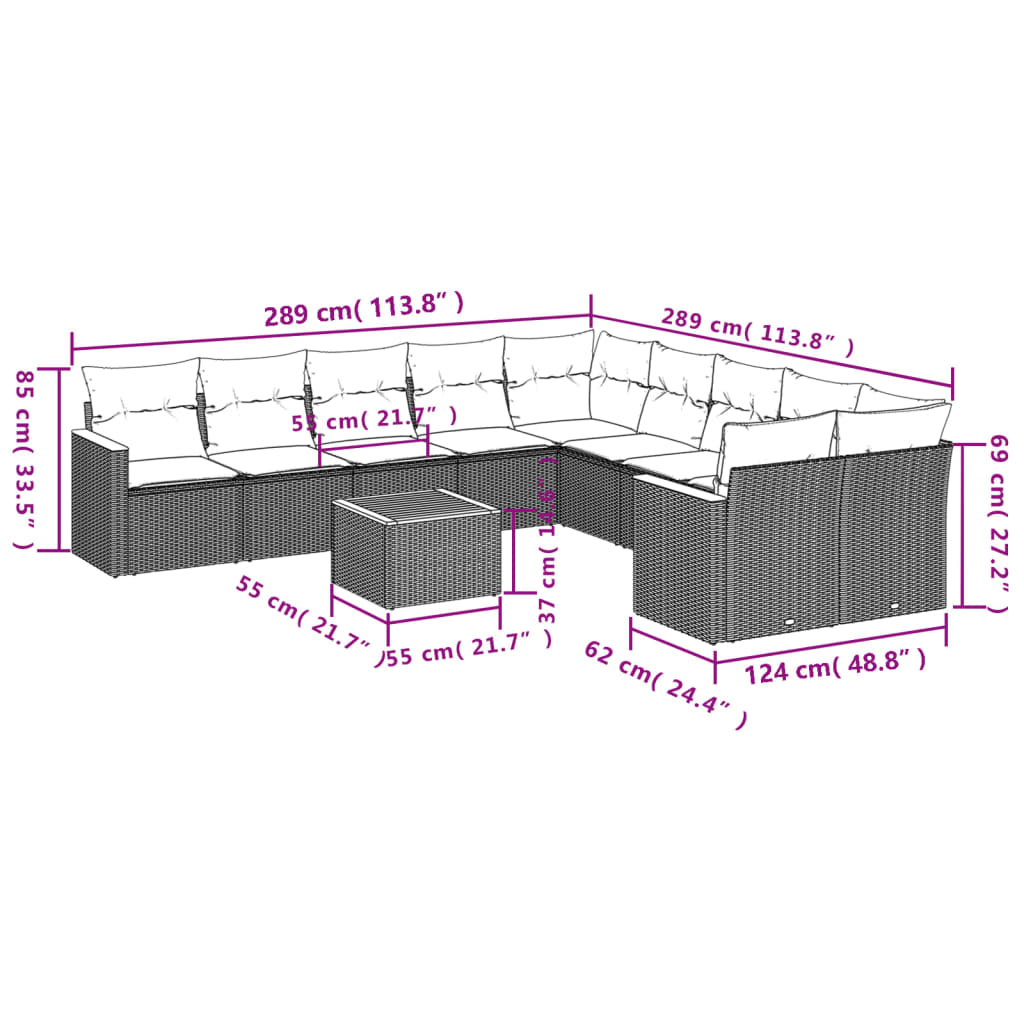 vidaXL 10-delige Loungeset met kussens poly rattan zwart