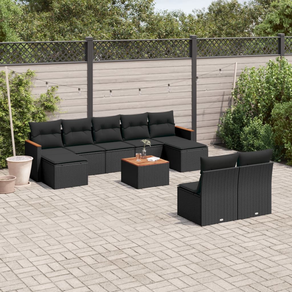 vidaXL 9-delige Loungeset met kussens poly rattan zwart