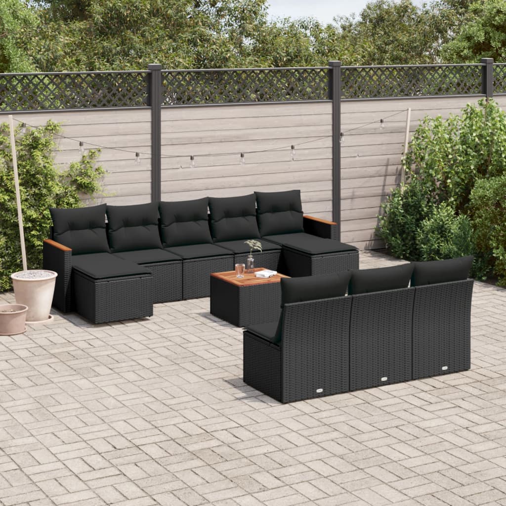 vidaXL 10-delige Loungeset met kussens poly rattan zwart