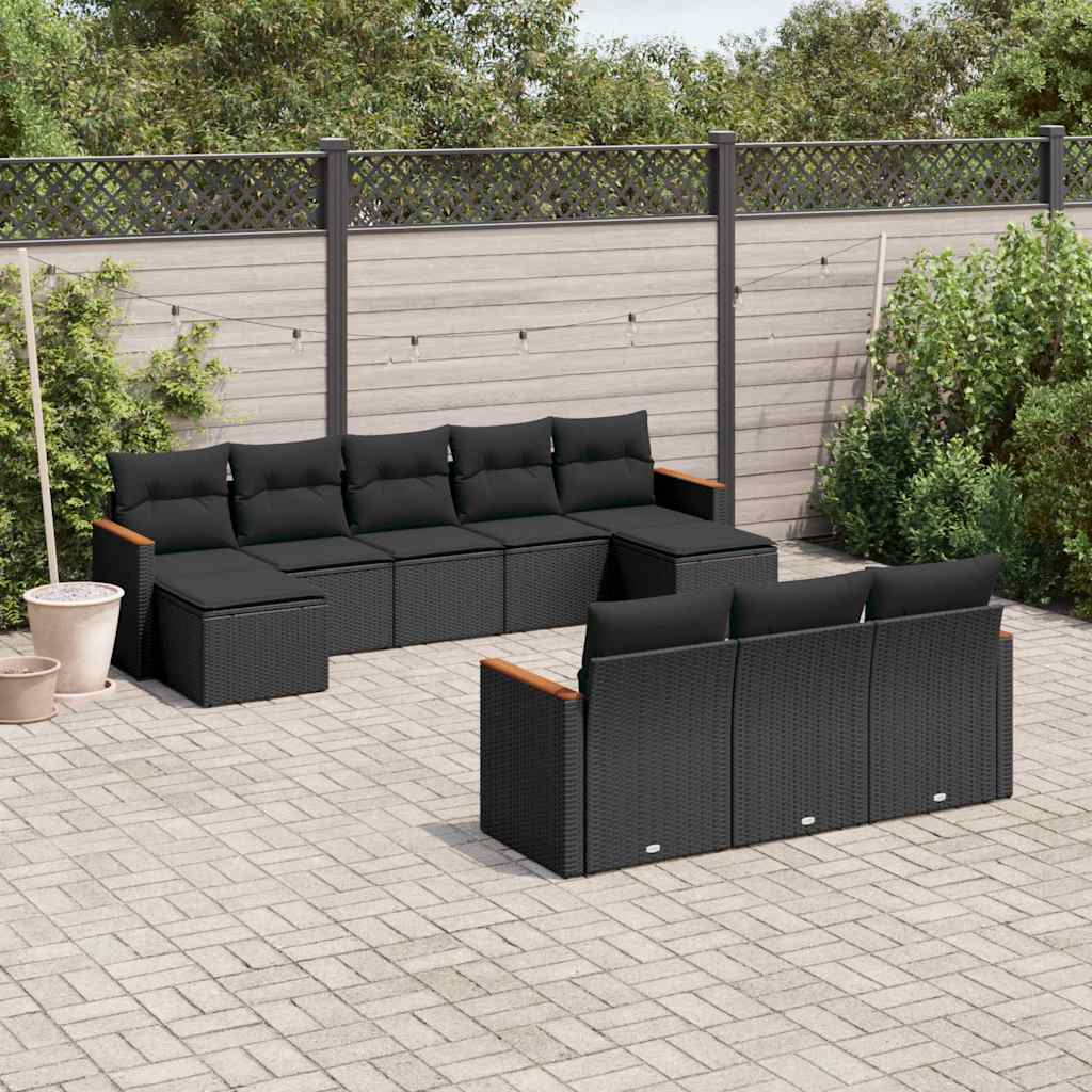 vidaXL 10-Piece Lounge Set with Cushions Poly Rattan Black
