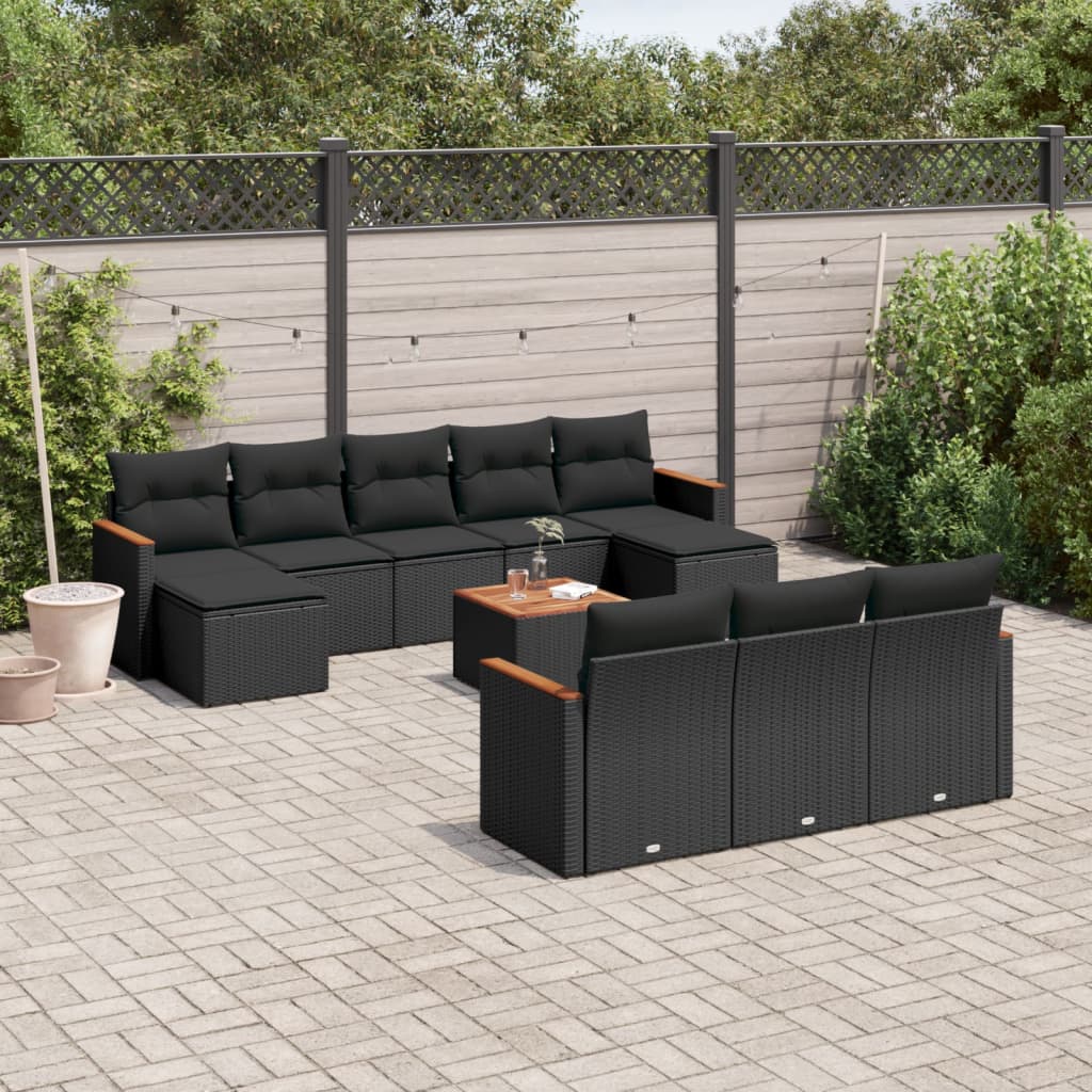 vidaXL 10-Piece Lounge Set with Cushions Poly Rattan Black