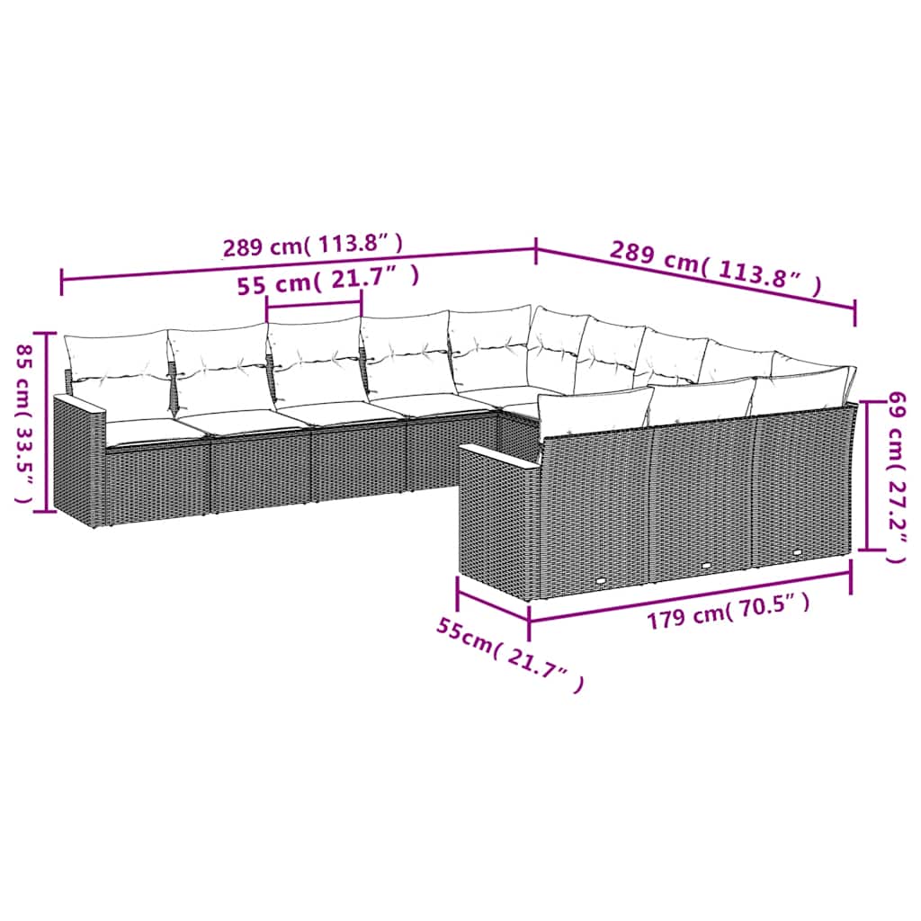 vidaXL 11-Piece Lounge Set with Cushions Poly Rattan Black