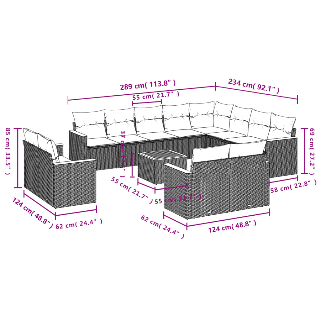 vidaXL 12-delige Loungeset met kussens poly rattan zwart
