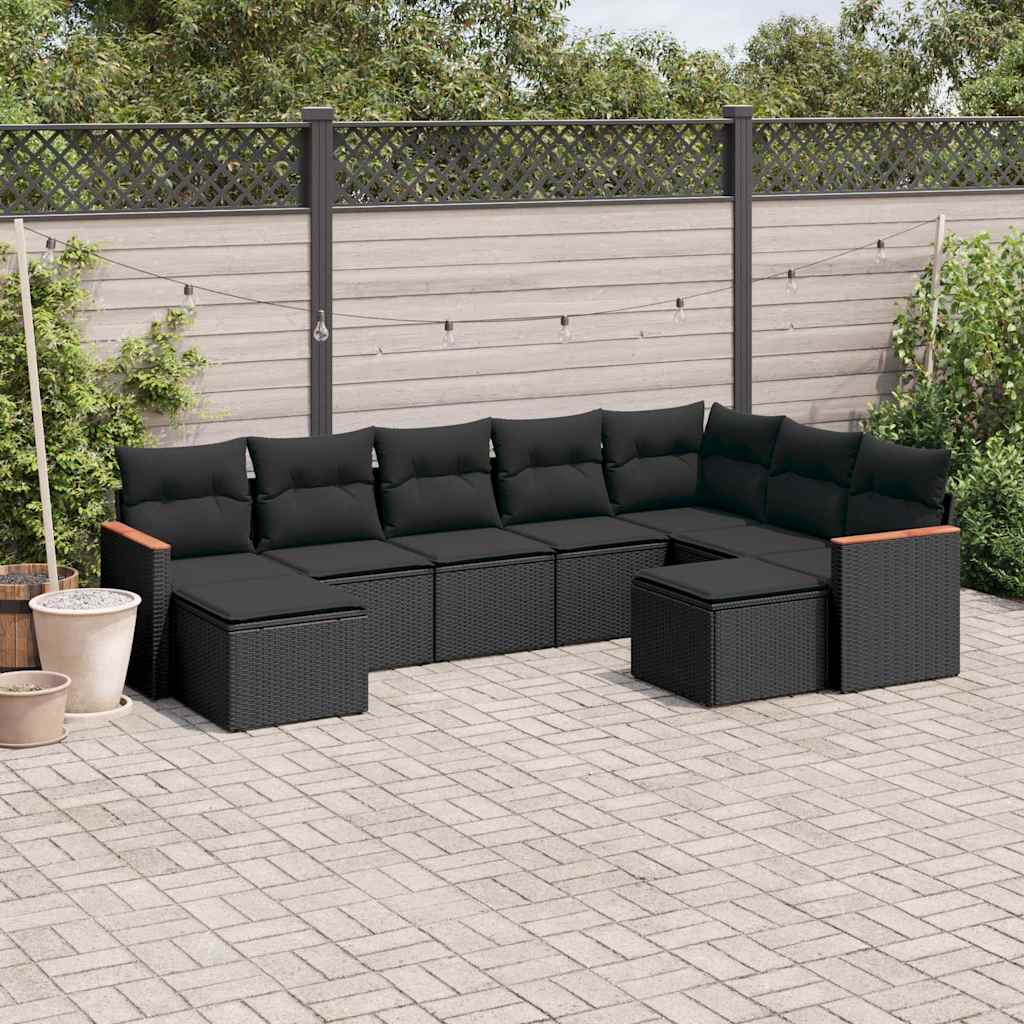 vidaXL 9-piece Loungeset with cushions poly rattan black