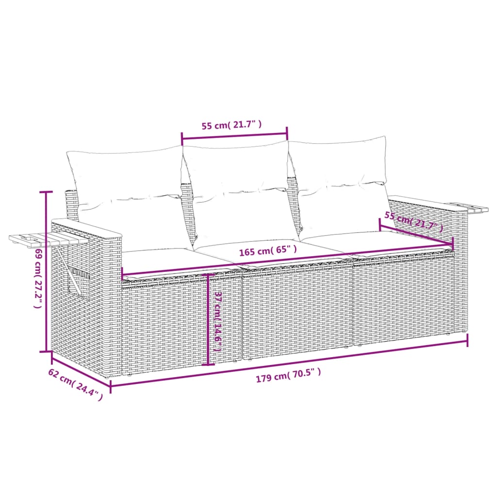 vidaXL 3-delige Loungeset met kussens poly rattan zwart