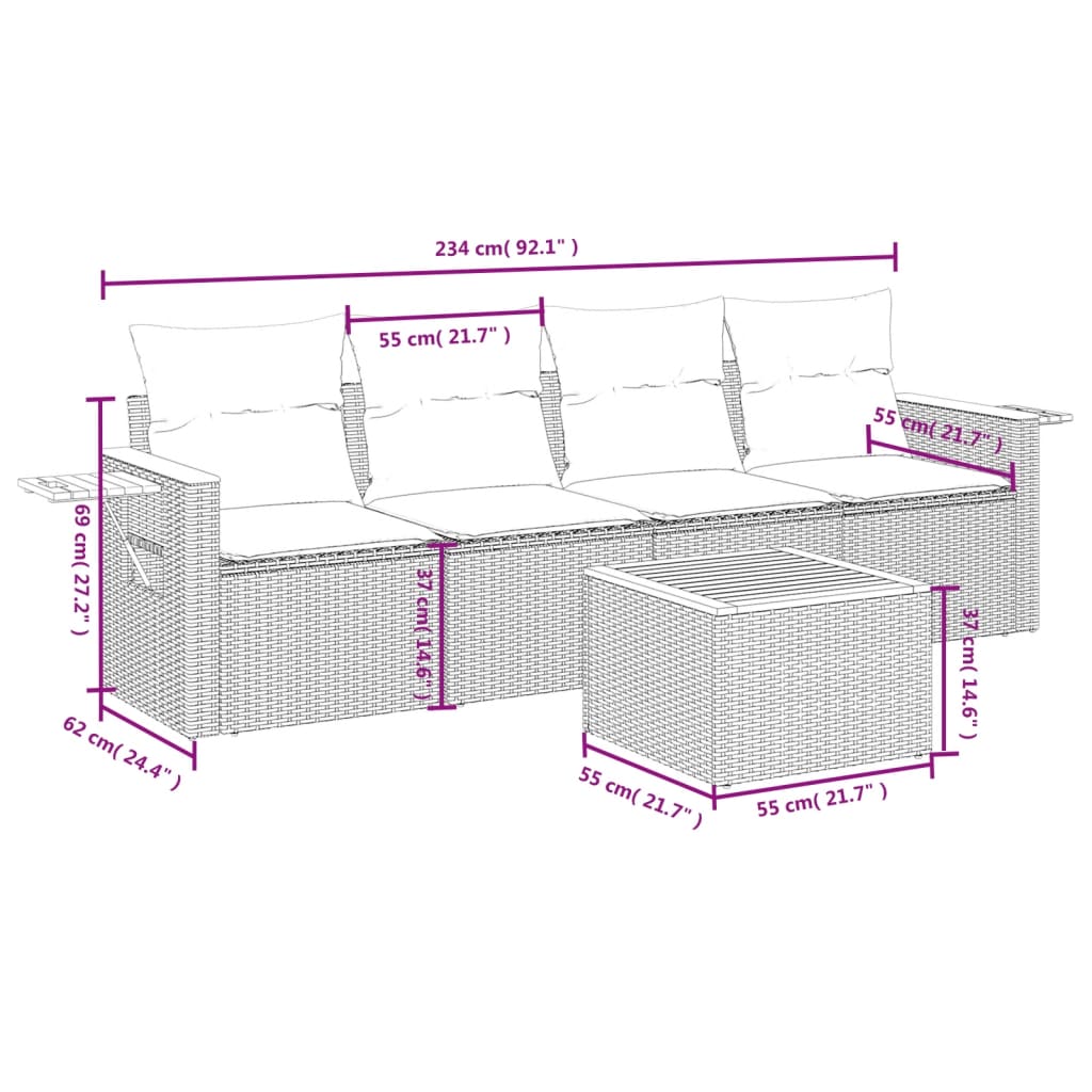 vidaXL 5-piece Lounge Set with Cushions Poly Rattan Black