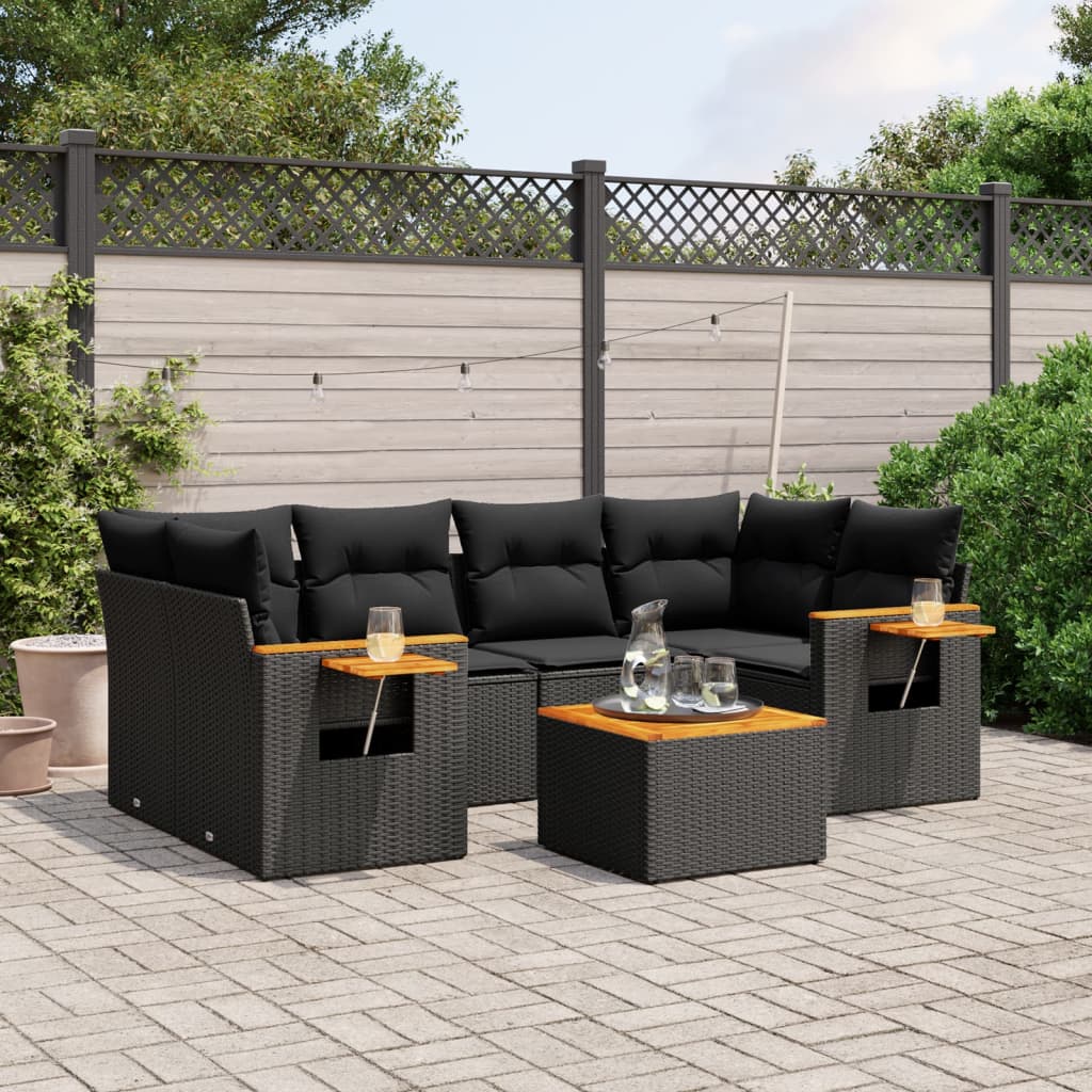 vidaXL 7-delige Loungeset met kussens poly rattan zwart