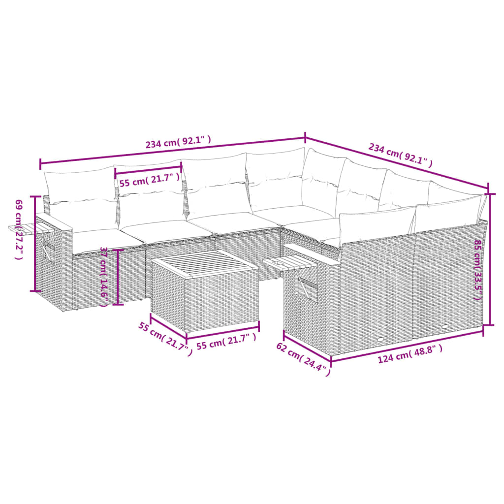 vidaXL 9-delige Loungeset met kussens poly rattan zwart