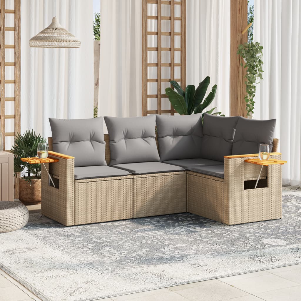 vidaXL 4-delige Loungeset met kussens poly rattan zwart