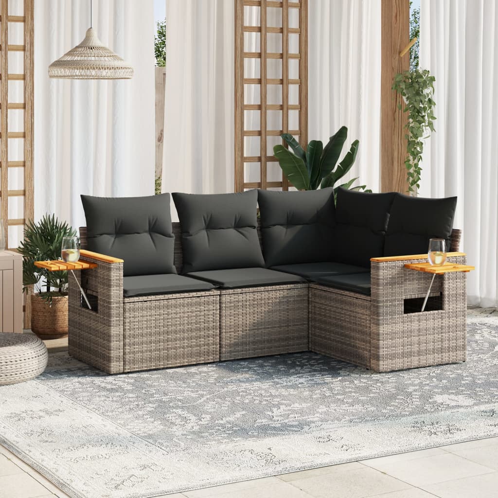 vidaXL 4-delige Loungeset met kussens poly rattan zwart