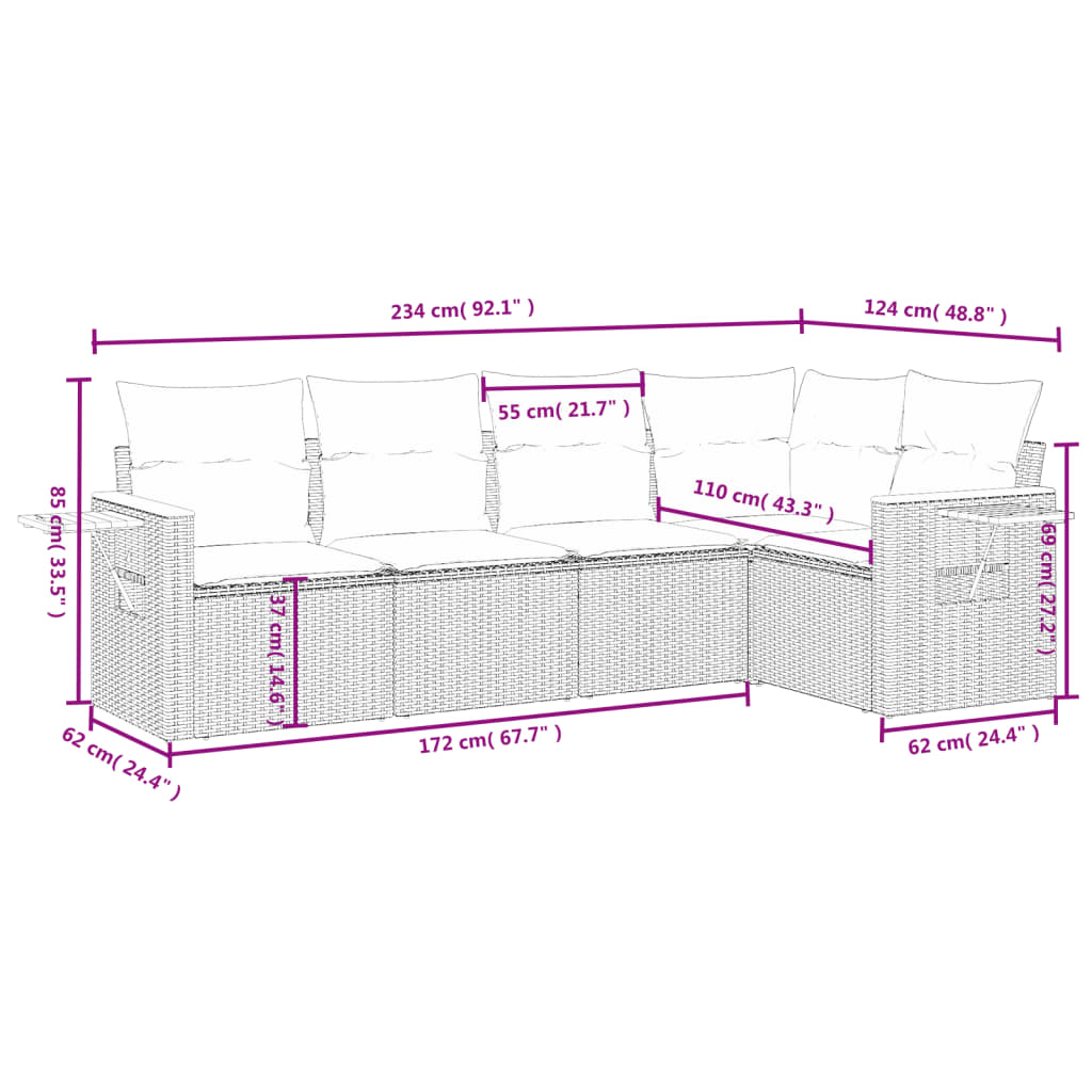 vidaXL 5-delige Loungeset met kussens poly rattan zwart