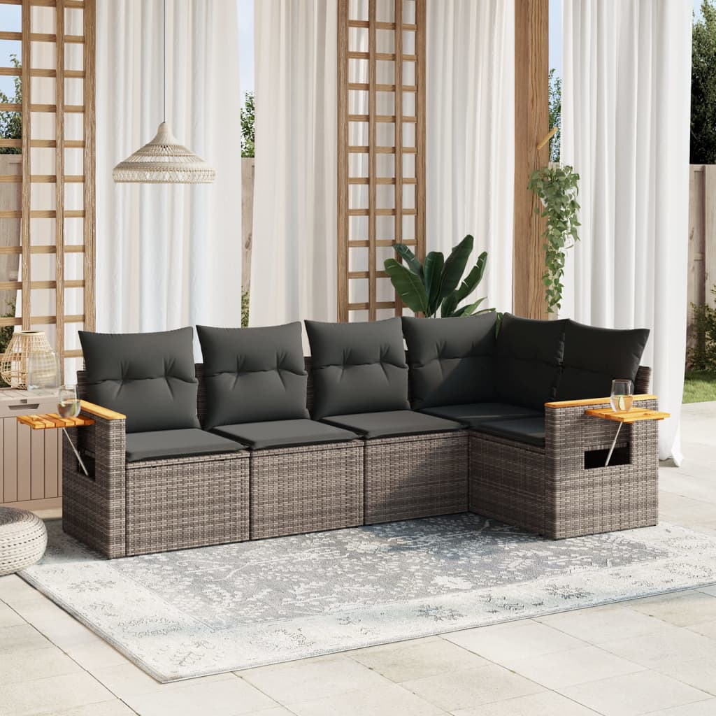 vidaXL 5-delige Loungeset met kussens poly rattan zwart